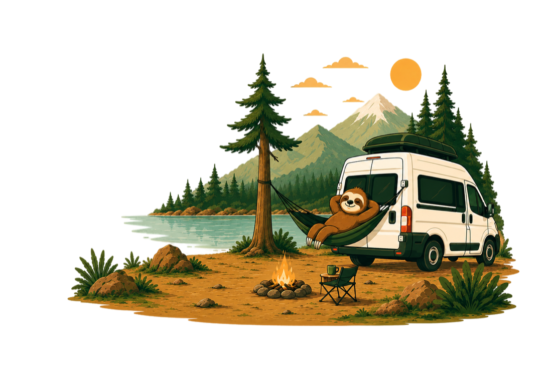 A sloth relaxing in a hammock strung off the back of a camper van beside a lake at sunset